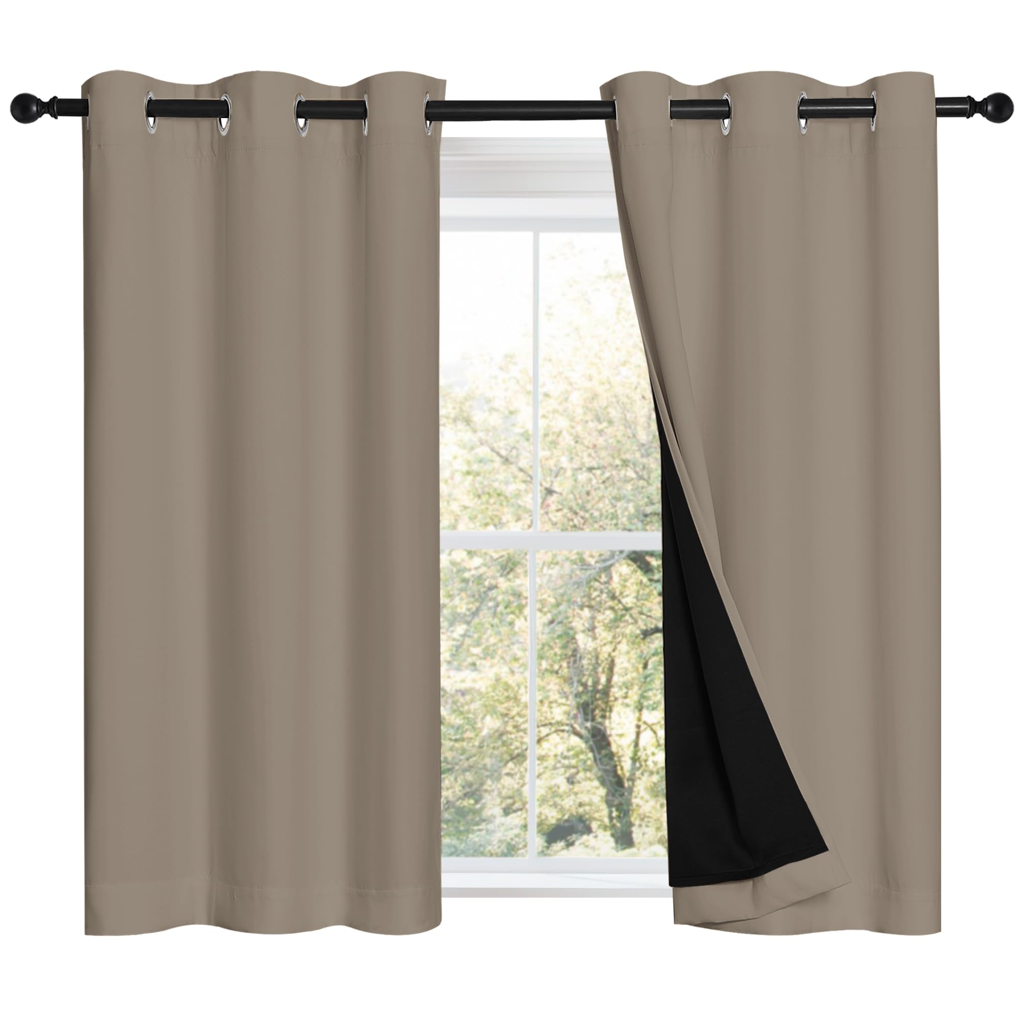 NICETOWN 100% Blackout Short Curtains with Black Liners, 2 Panels, 37" W by 40" L, Taupe, Solid Thermal Insulated Full Blackout 2-Layer Lined Drapes, Energy Efficiency Window Draperies for Bedroom