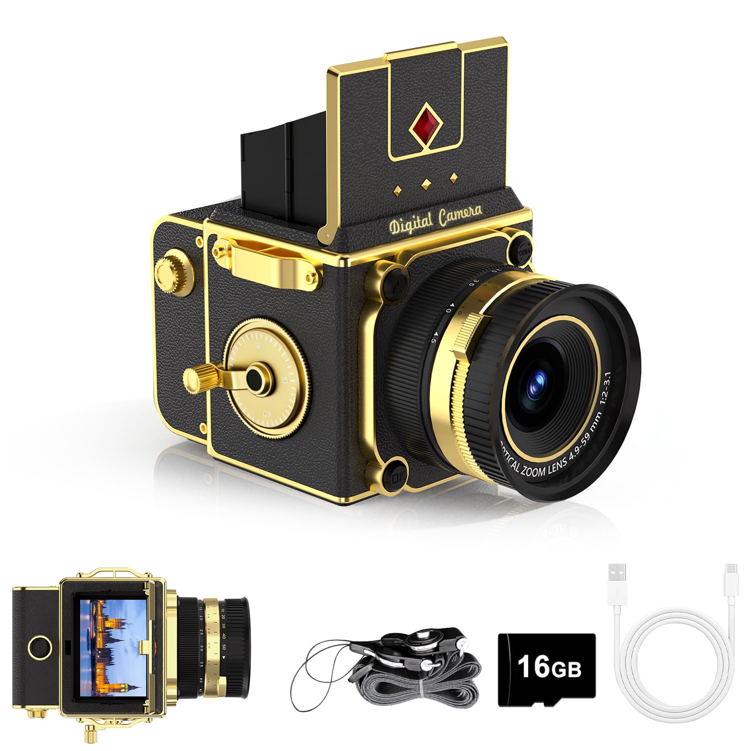 Photo 1 of EJXHKNF Vintage Digital Camera, 64MP 2.7K Retro Point and Shoot Camera with Autofocus, 2" IPS Waist-Level Screen & 16GB TF Card, 16X Zoom Compact Photography Camera for Beginners Kids Black