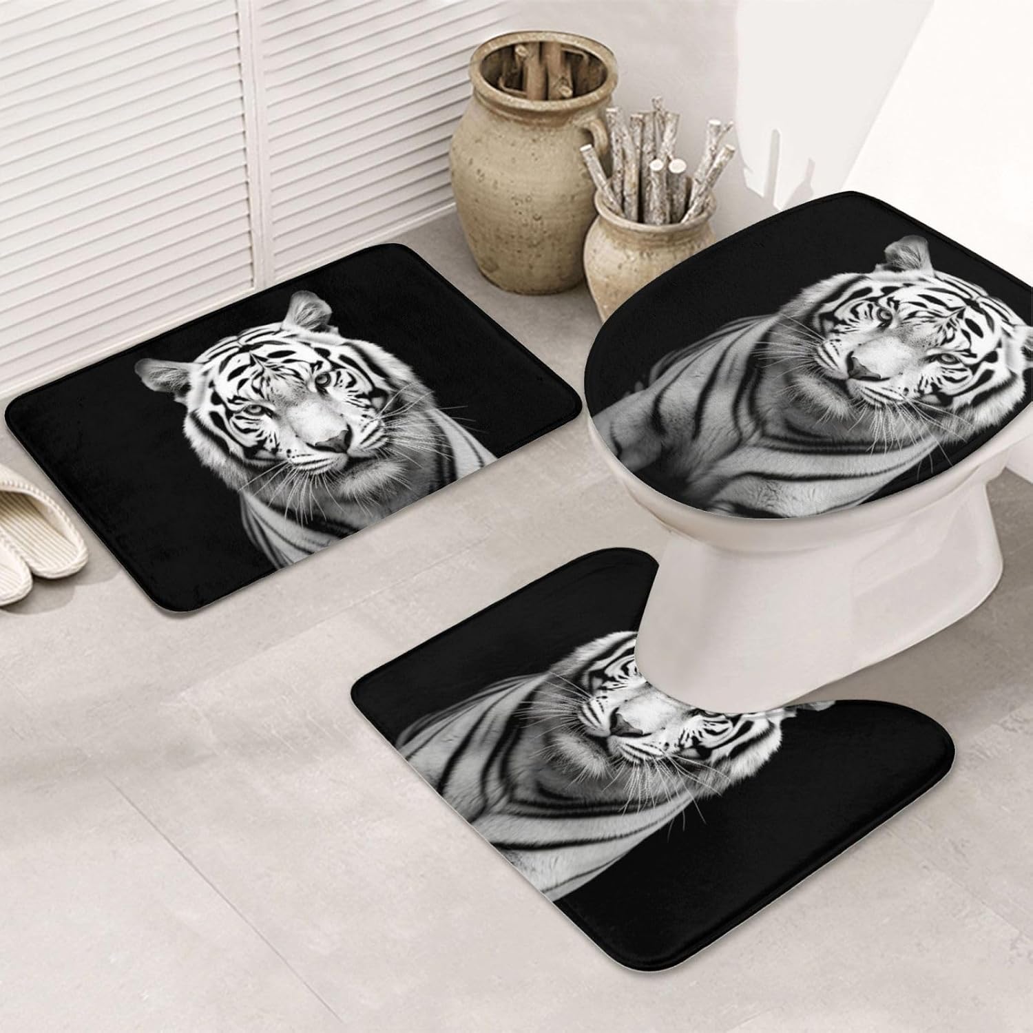 黒と白のタイガー バスルームラグセット 3ピース、ソフト吸収マイクロファイバーバスマット U字型輪郭トイレラグとトイレ蓋カバーセット
