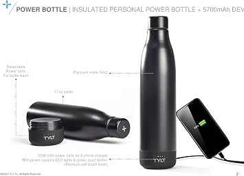 TYLT All-in-One 17oz Stainless Steel Water Bottle & 5700 MAH Portable Power Bank, Dishwasher Safe, Black