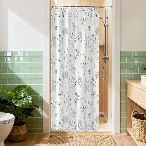 Miniatura 11 de Cortina de Ducha Verde Salvia con Flores Florales, Cortina de Ducha Botánica Acuarela de Eucalipto para Baño, Linda Cortina de Ducha Impermeable de