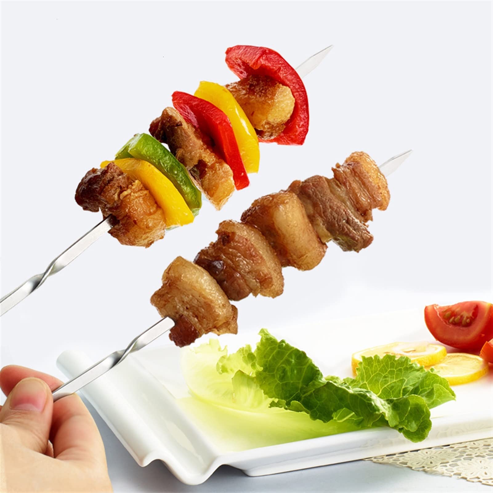 HMTE 10 UNIDS Reutilizable Plano Acero Inoxidable Barbacoa Brochetas BBQ Aguja Palo Al Aire Libre Interior Camping Picnic Herramienta para Hornear Suministros De Cocina (Color : 10PCS) (10pcs)
