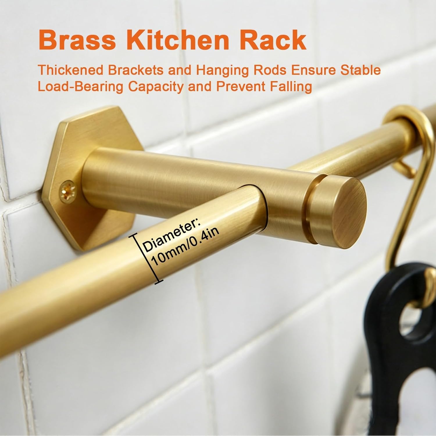 Brass Wall Mounted Kitchen Rail Pot Rack with 5 Hooks, Heavy Duty Utensil Hanging Bar Storage Organizer for Kitchen, Bathroom & Living Room(50cm/19in)