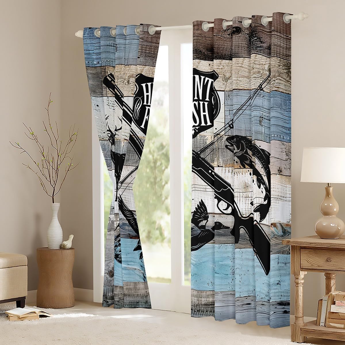 Castle Fairy Hunt Fish Curtain,Deer Bird Fish Animal Hunting Blackout Window Drapes for Girls Boys Teens,Rustic Retro Wooden Board Window Treatment Curtains for Living Room and Bedroom, 38Wx45L inch