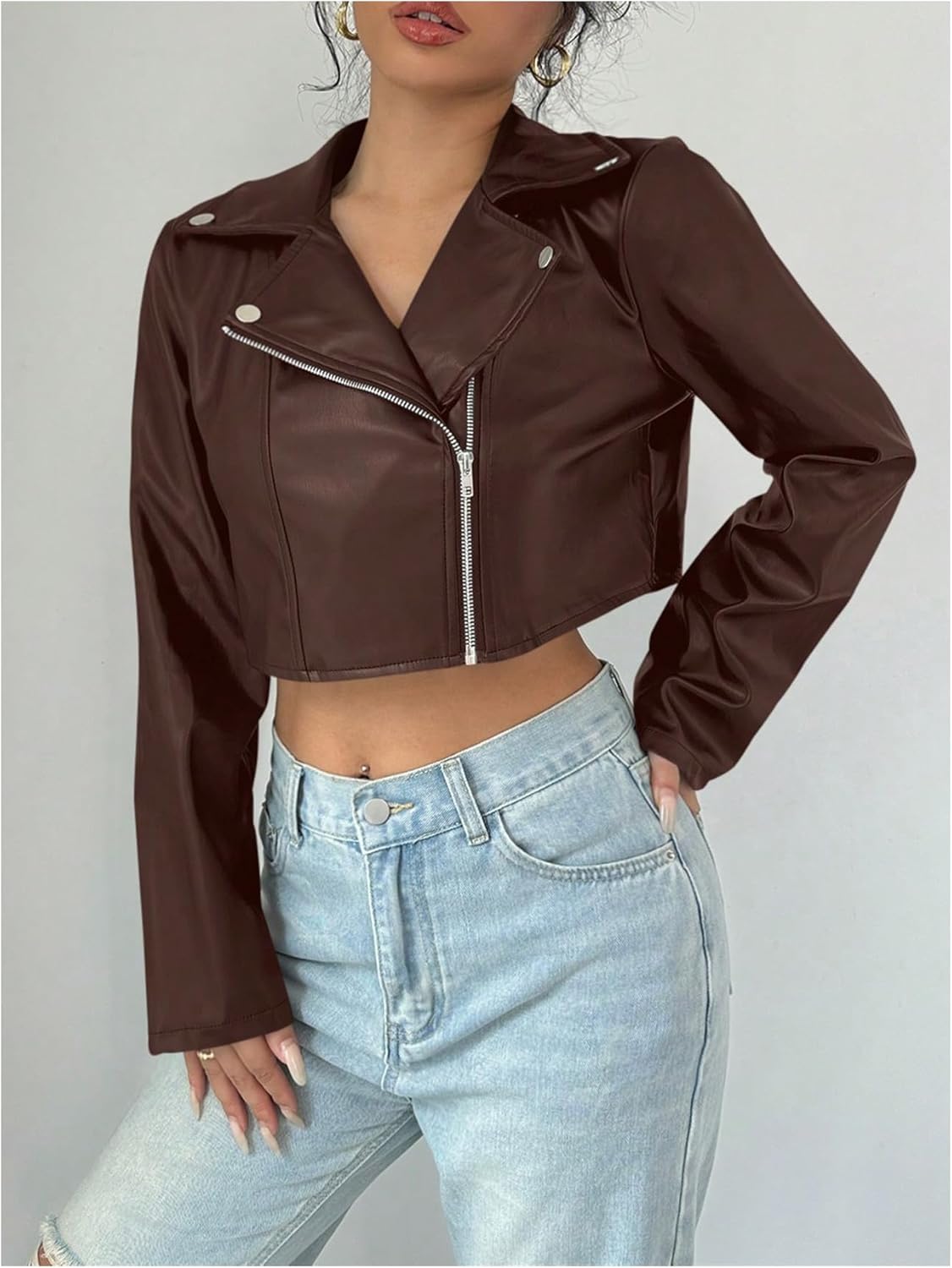 OYOANGLE Women's PU Leather Cropped Jacket Zip Up Motorcycle Jackets Coat - Image 2