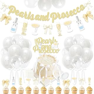 Pearls and Prosecco Bridal Shower Decorations, Bow Champagne Pearls & Prosecco Banner, Cake Toppers, Pearl White Balloons Pearl Stickers for Bows Pearls Wedding Bachelorette Bride to Be Party Supplies