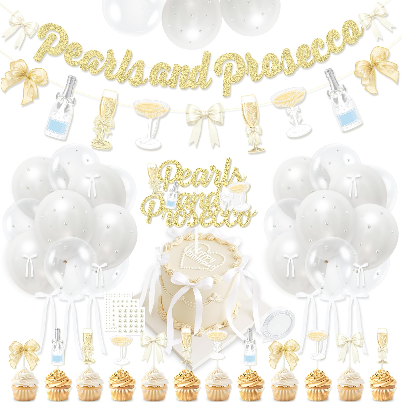 Pearls and Prosecco Bridal Shower Decorations, Bow Champagne Pearls & Prosecco Banner, Cake Toppers, Pearl White Balloons Pearl Stickers for Bows