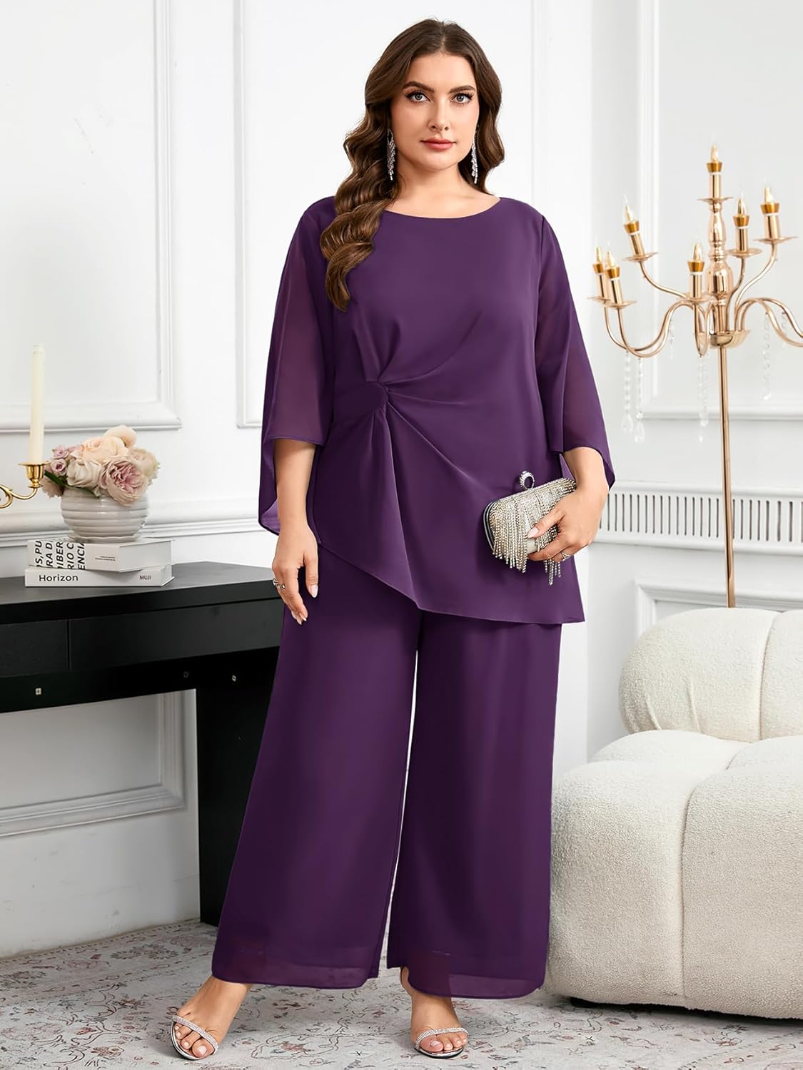 CYCLAMEN Plus Size Mother of Bride Pant Suits 2 Piece Chiffon Sets Asymmetric Wedding Guest Outfit - Image 3