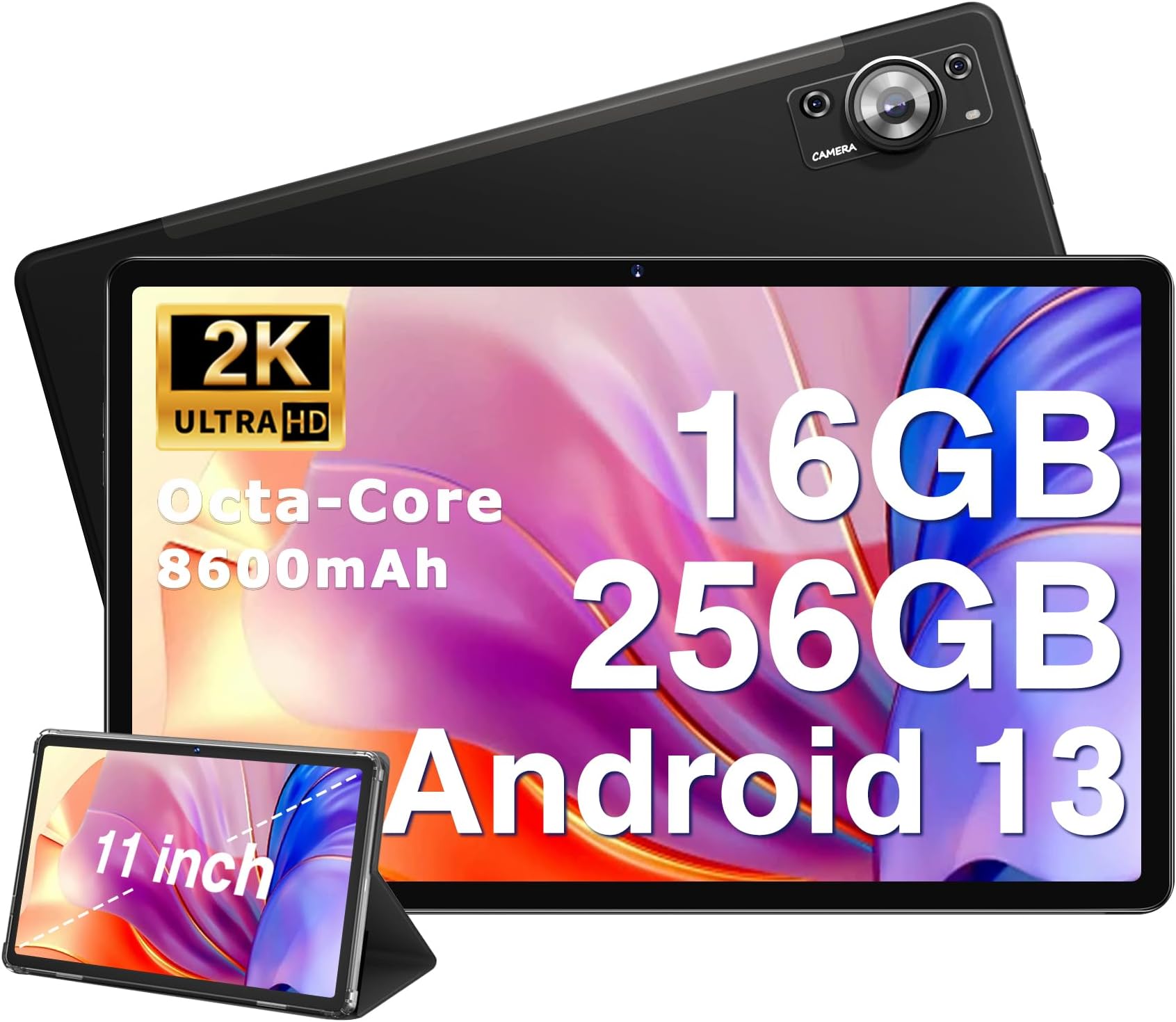 ZIOVO 2023 Newest Tablet 11 inch Android 13 Tablets, 16GB RAM+256GB ROM+1TB Expand, Octa-Core 2.0GHz, 2K 2000 x 1200 FHD Display, 8600mAh, 13MP+5MP Camera, 5G+2.4G Wi-Fi/Bluetooth/with Case-Black