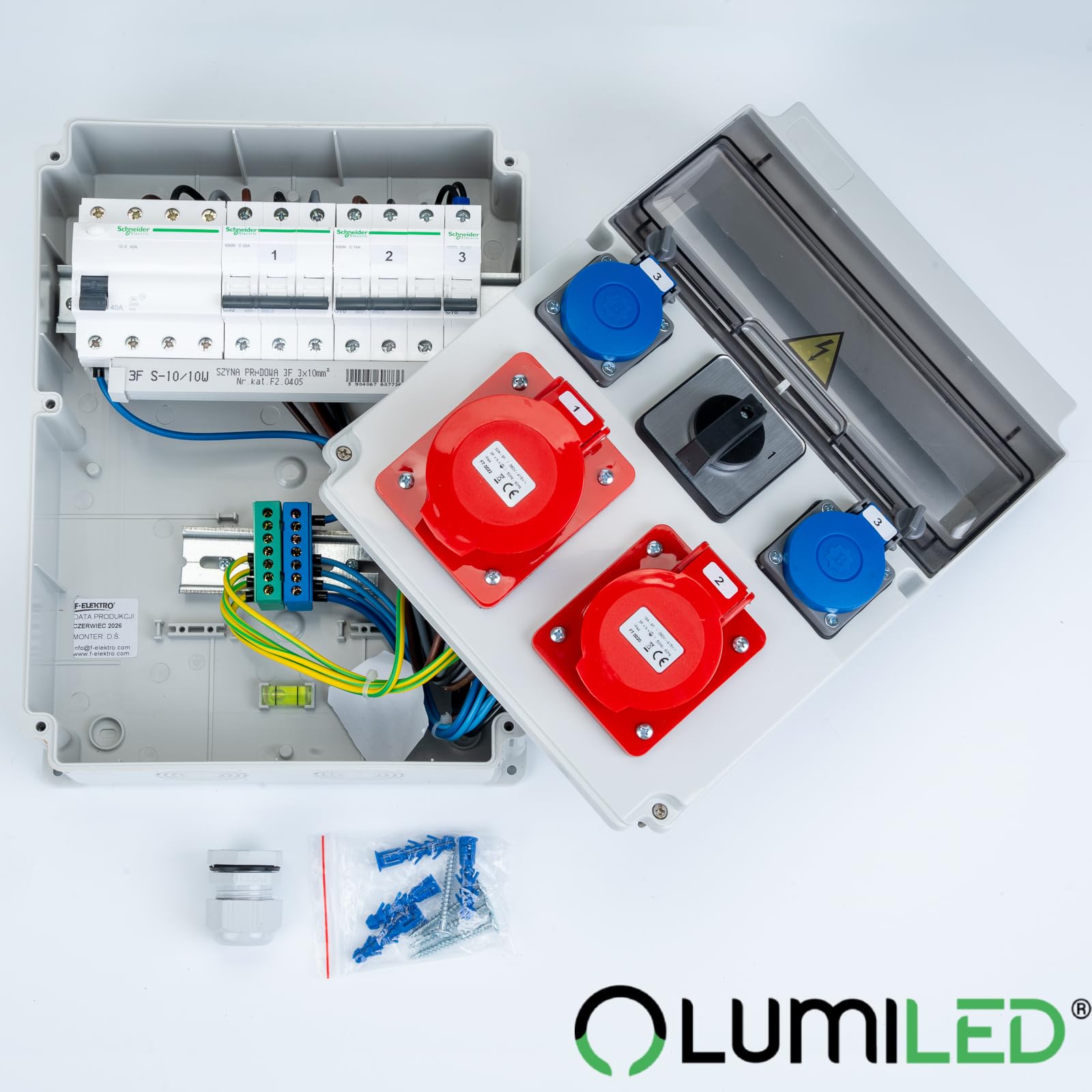 Lumiled Baustromverteiler mit Hauptschalter 0/1 32A, LS+FI, 1x CEE 32A 5-polig, 1x CEE 16A 5-polig, 2x Schuko 230V, Wandverteiler IP65 mit IP44 Steckdosen für Baustelle und Werkstatt