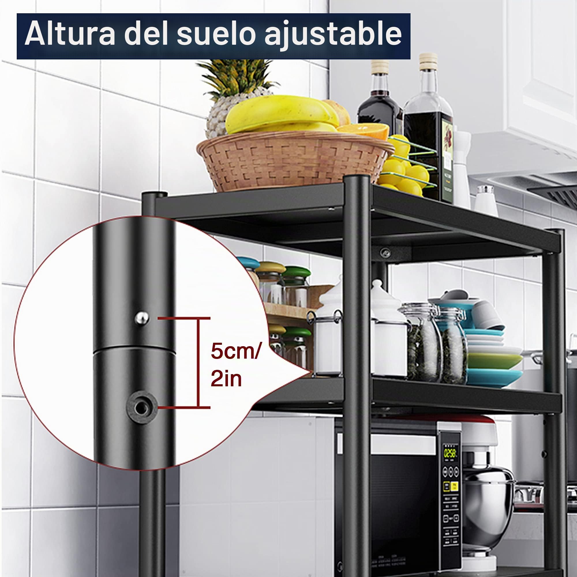 WPT Estante de Almacenamiento de Cocina Baker's Rack utilitario para microondas con Ruedas, Organizador Ajustable de 4 Niveles, Acero Inoxidable