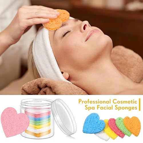 Miniatura 2 de Nuenen 60 esponjas faciales con recipiente, esponjas faciales comprimidas en forma de corazón, almohadillas de limpieza naturales para lavar la