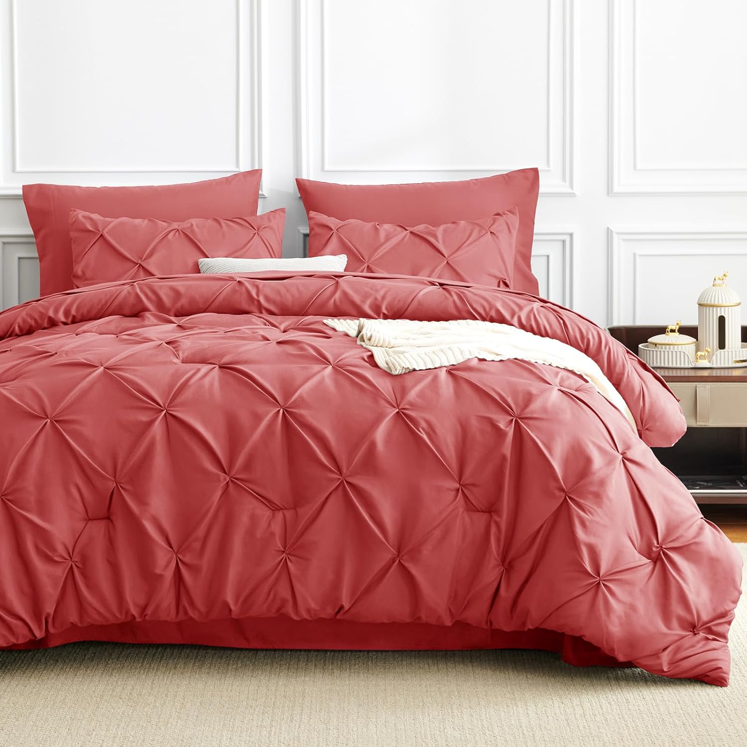 CozyLux Queen Comforter Set Coral, 7 Pieces Pintuck Bed in A Bag, Premium Coral Comforter Queen Size, Pinch Pleat Bedding Sets with Comforter, Flat Sheet, Fitted Sheet, Pillowcases & Shams - Image 8