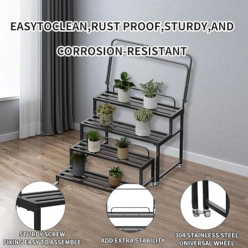 Miniatura 2 de Soporte de metal para plantas para interiores y exteriores, soportes de aluminio de 4 niveles, estante para múltiples plantas con rueda universal,