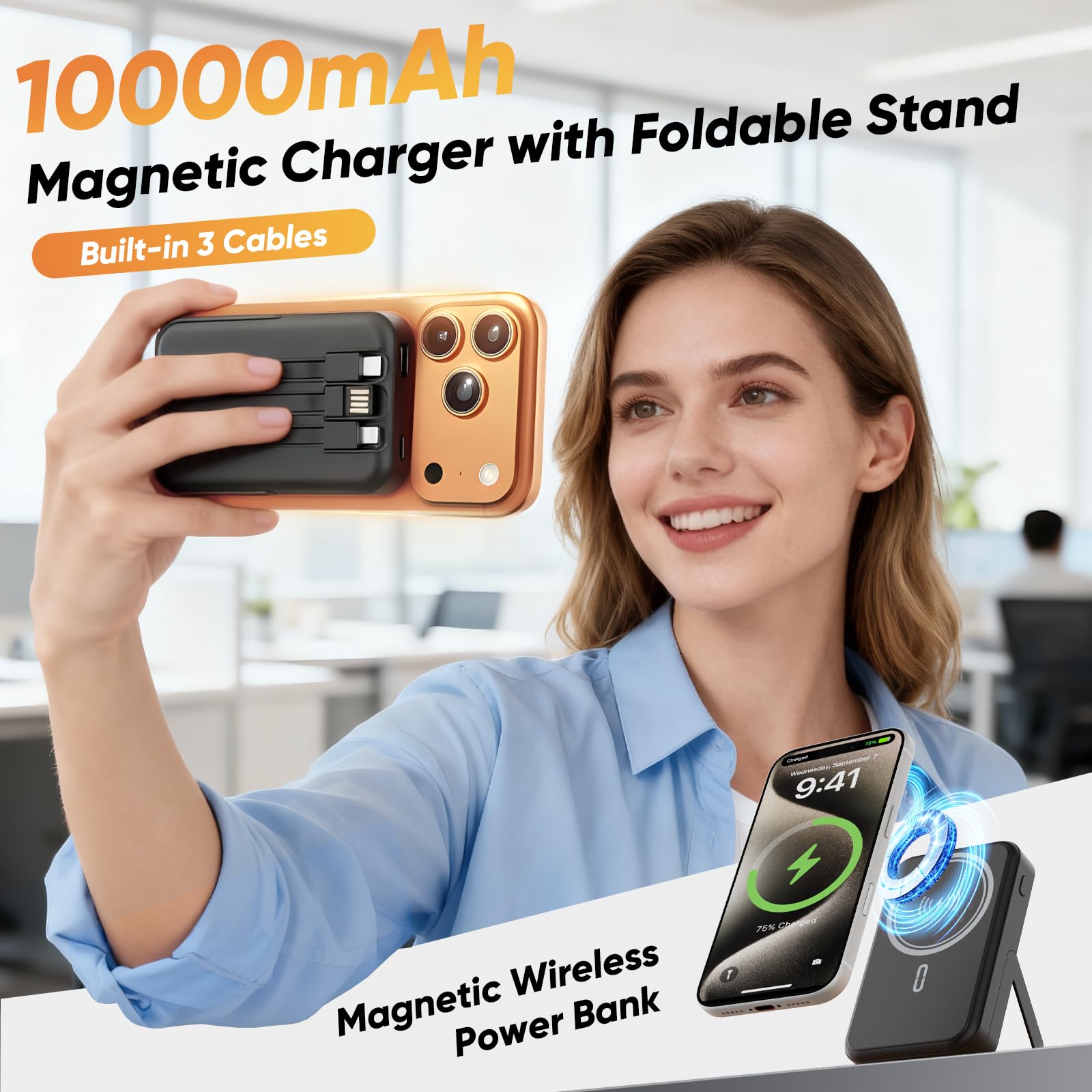 Batería externa de 10000 mAh compatible con MagSafe, cargador portátil magnético con pantalla digital, carga rápida inalámbrica de 15 W, 3 cables integrados, soporte plegable compatible con iPhone 16