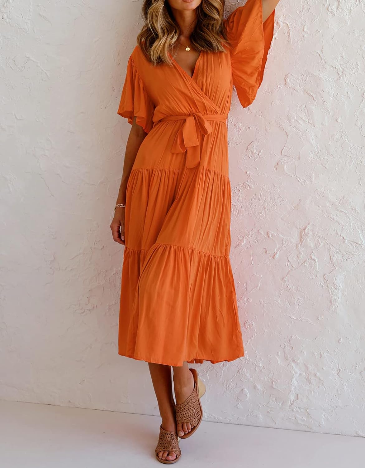 R.Vivimos Summer Dress for Women Cotton Ruffle Short Sleeves V Neck Casual Flowy Midi Dress with Belt - Image 5