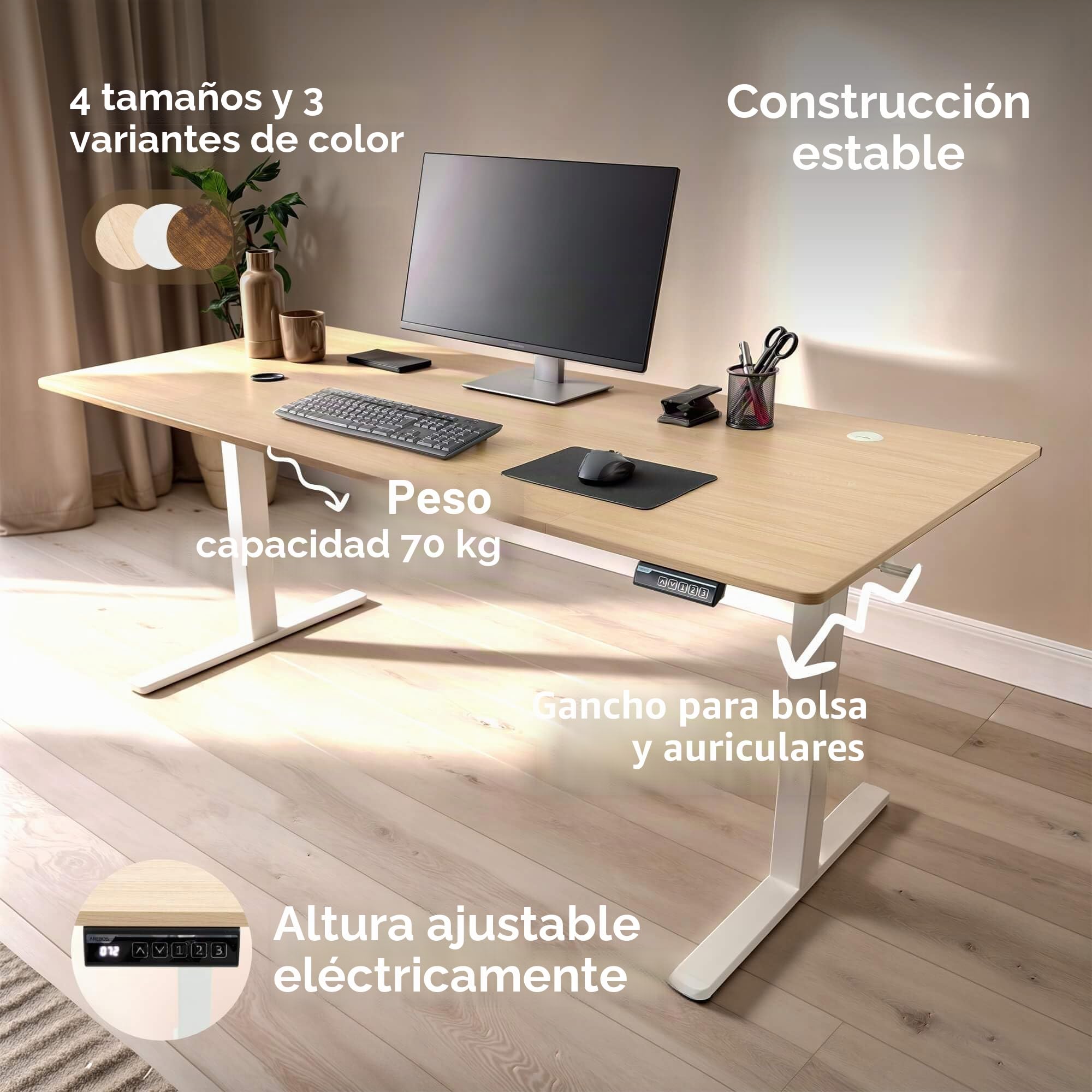 Arebos Escritorio Eléctrico Ajustable 180 x 80 cm | Altura 72-118 cm | Función Memoria | Mesa Ergonómica de Pie y Sentado | para Oficina, Hogar, Teletrabajo | Beige