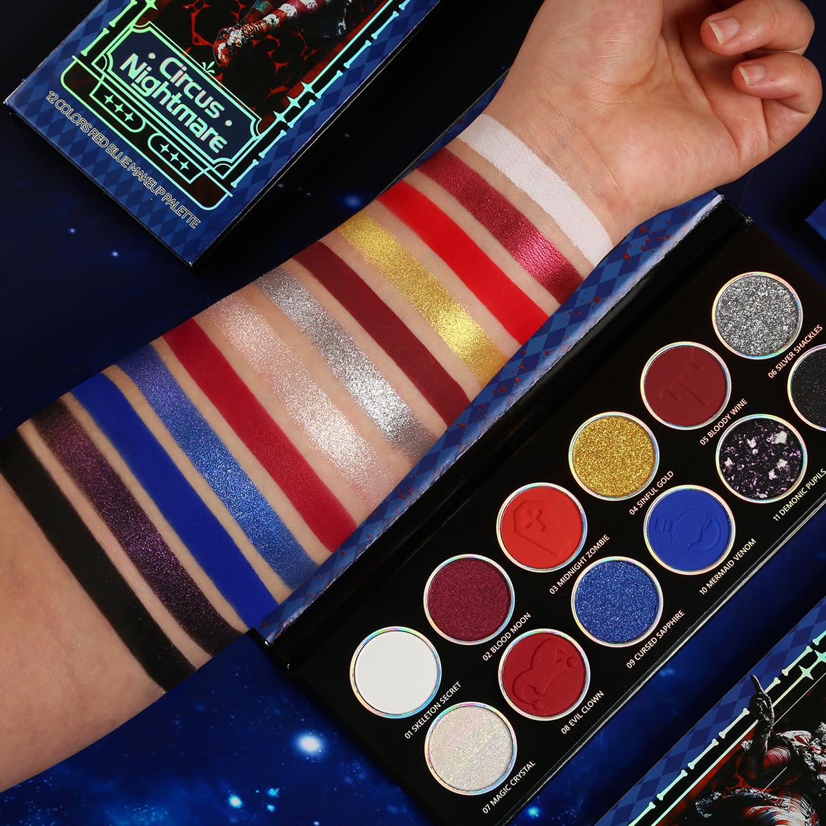 Paleta de sombras de ojos multicolor rojo y azul, sombra de ojos brillante plateada metálica de alto pigmento para maquillaje gótico, payaso/bromista ahumado, camaleón vegano de larga 8