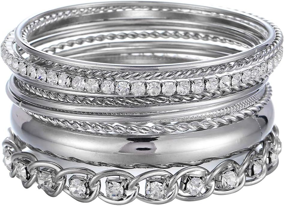 Twisted Multiple Metal Bracelets & Bangles Set for Women 12Pcs/Set W/Clear Rhinestones