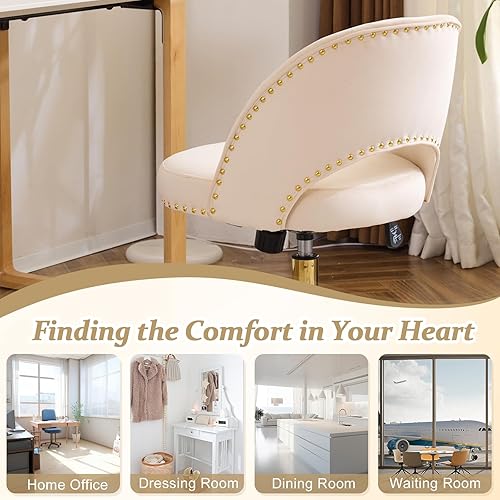 Miniatura 8 de VINGLI Silla de oficina pequeña de terciopelo moderna, bonita silla de escritorio con ruedas, base doradatachuelas, cómoda silla giratoria sin