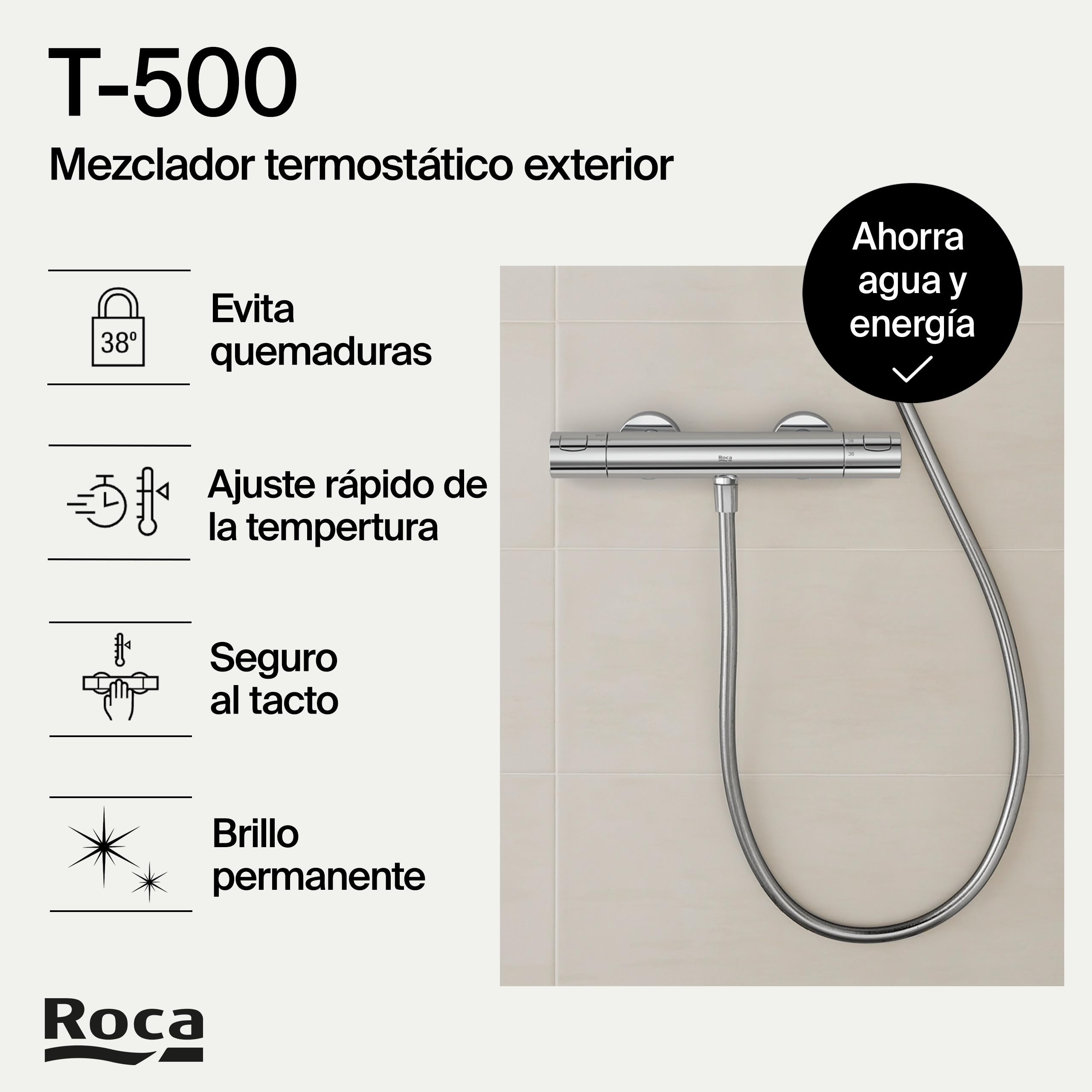 Roca,T-500,Grifería termostático exterior para ducha,A5A2E18C00