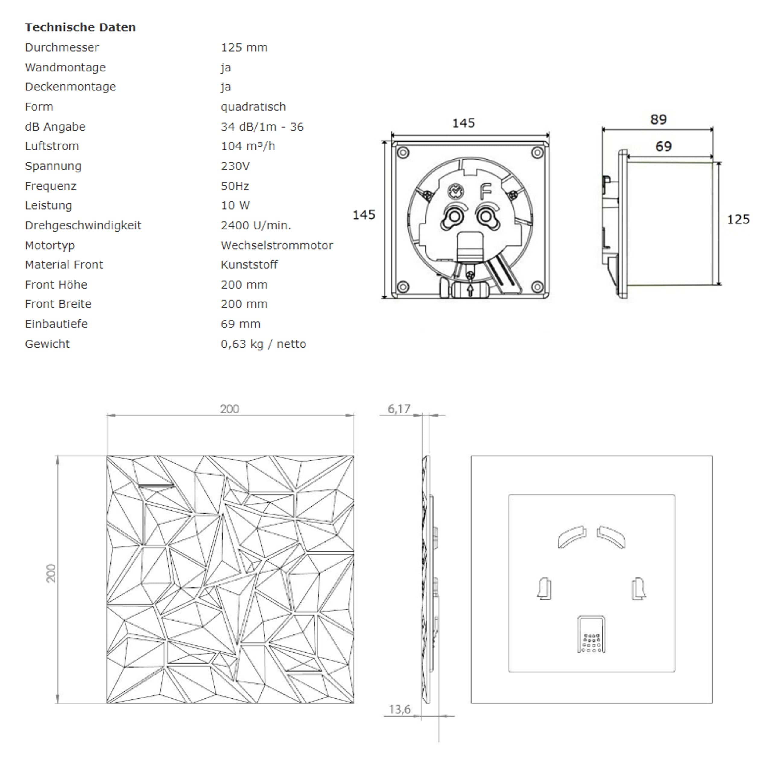 Wentylator łazienkowy wentylator do pomieszczeń mieszkalnych panel diamentowy antracyt Ø 125 mm czujnik wilgotności/higrostat