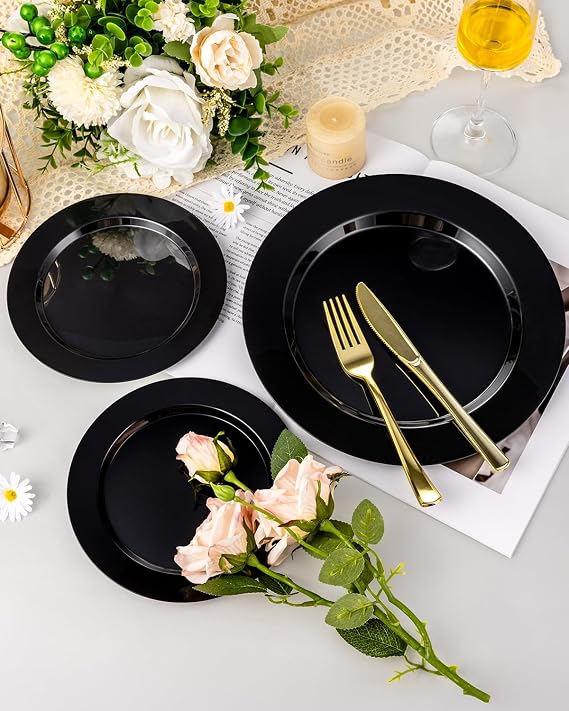 BESTVIP 100PCS Black Disposable Plastic Plates Disposable Party Plates | 50 Dinner Plates and 50 Dessert Plates, Plastic Plates for Party, Wedding Birthday (Black, 100PCS)