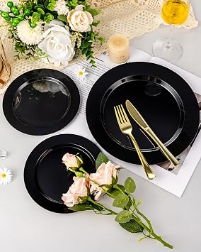 BESTVIP 100PCS Black Disposable Plastic Plates Disposable Party Plates | 50 Dinner Plates and 50 Dessert Plates, Plastic Plates for Party, Wedding Birthday (Black, 100PCS)