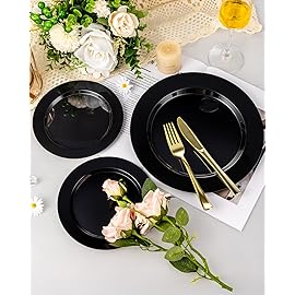 BESTVIP 200PCS Black Plastic Plates, Disposable Party Plates with 100 Dinner Plates and 100 Dessert Plates, Plastic Plates for Party, Wedding,Halloween and Birthday (Black, 200PCS)