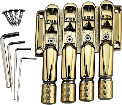 Gold Headless Electric Bass Bridge 4 String Bass Bridge with Brass Saddles Bass Parts Replacement for 4 String Headless Bass