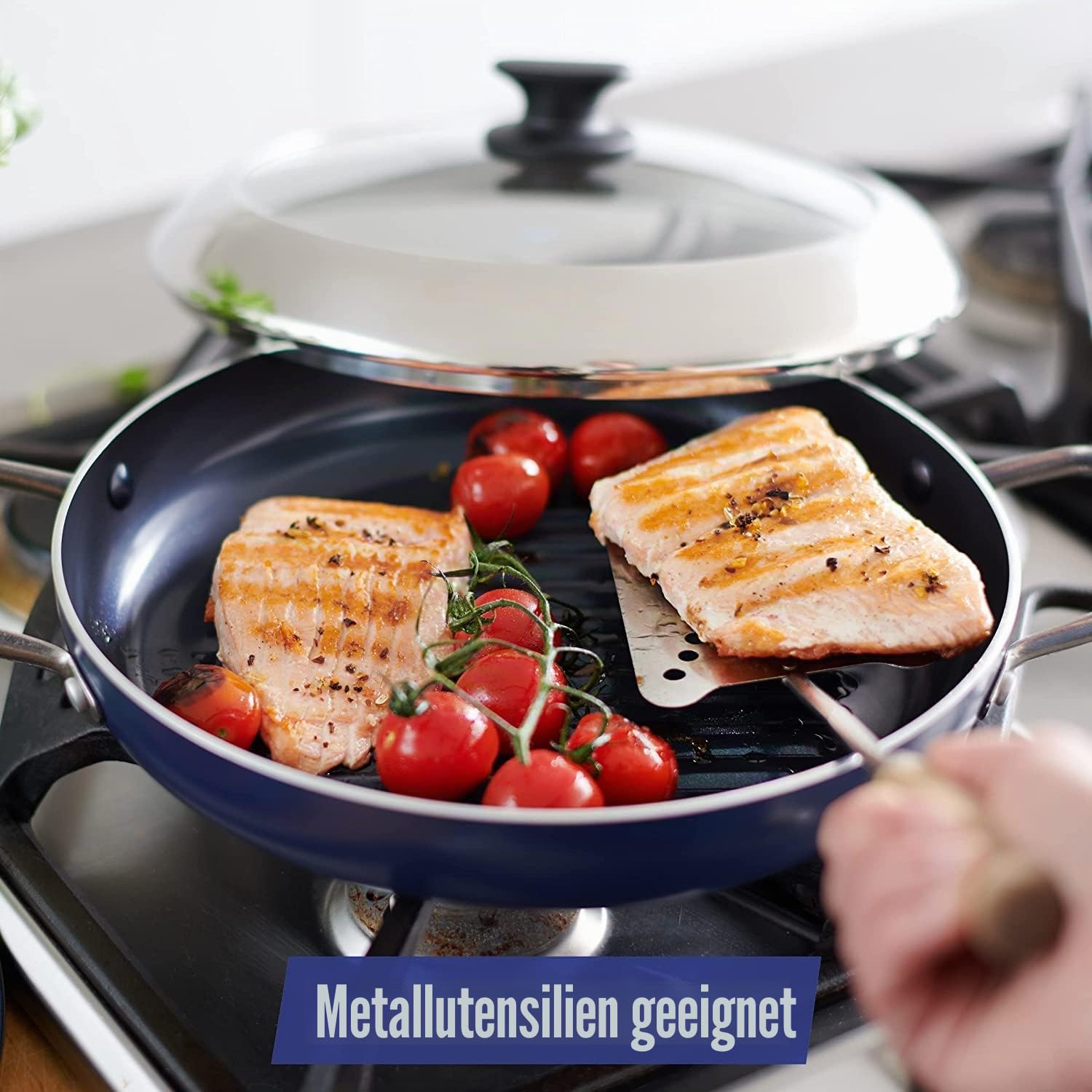 Blue Diamond Cookware Diamantierte Keramische Antihaft-Grillpfanne 28 cm mit Glasdeckel, PFAS-frei, Grillen, BBQ, Backofen sicher, Blau