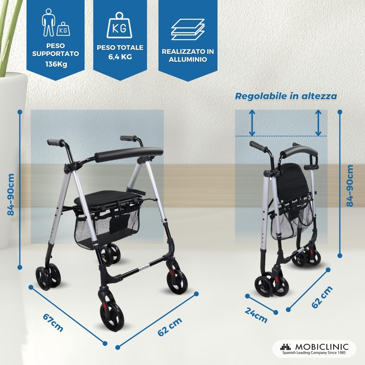 Mobiclinic®, Deambulatore per adulti, Pieghevole, Leggero, Sedile e cestino xxl, Supporto bastoni, Altezza regolabile, In alluminio, Freni a pressione, Dehesa, Ruote piene, Grigio perlato