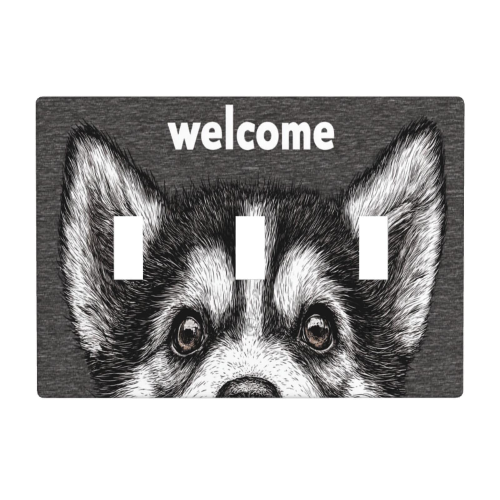 Cute Husky Face Welcome Light Switch Covers 3 Gang Triple Toggle Wall Plate Switchplate Electrical Faceplate for Bathroom Kitchen Bedroom Decor