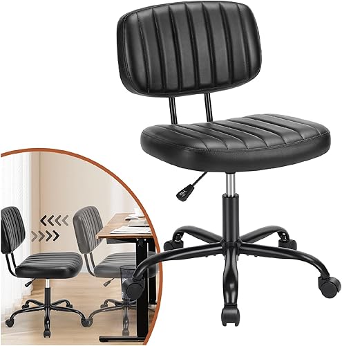 NEWBULIG Cómoda silla de oficina sin brazos ajustable en altura con soporte lumbar trasero, ruedas rodantes para estudio en casa, espacio pequeño,