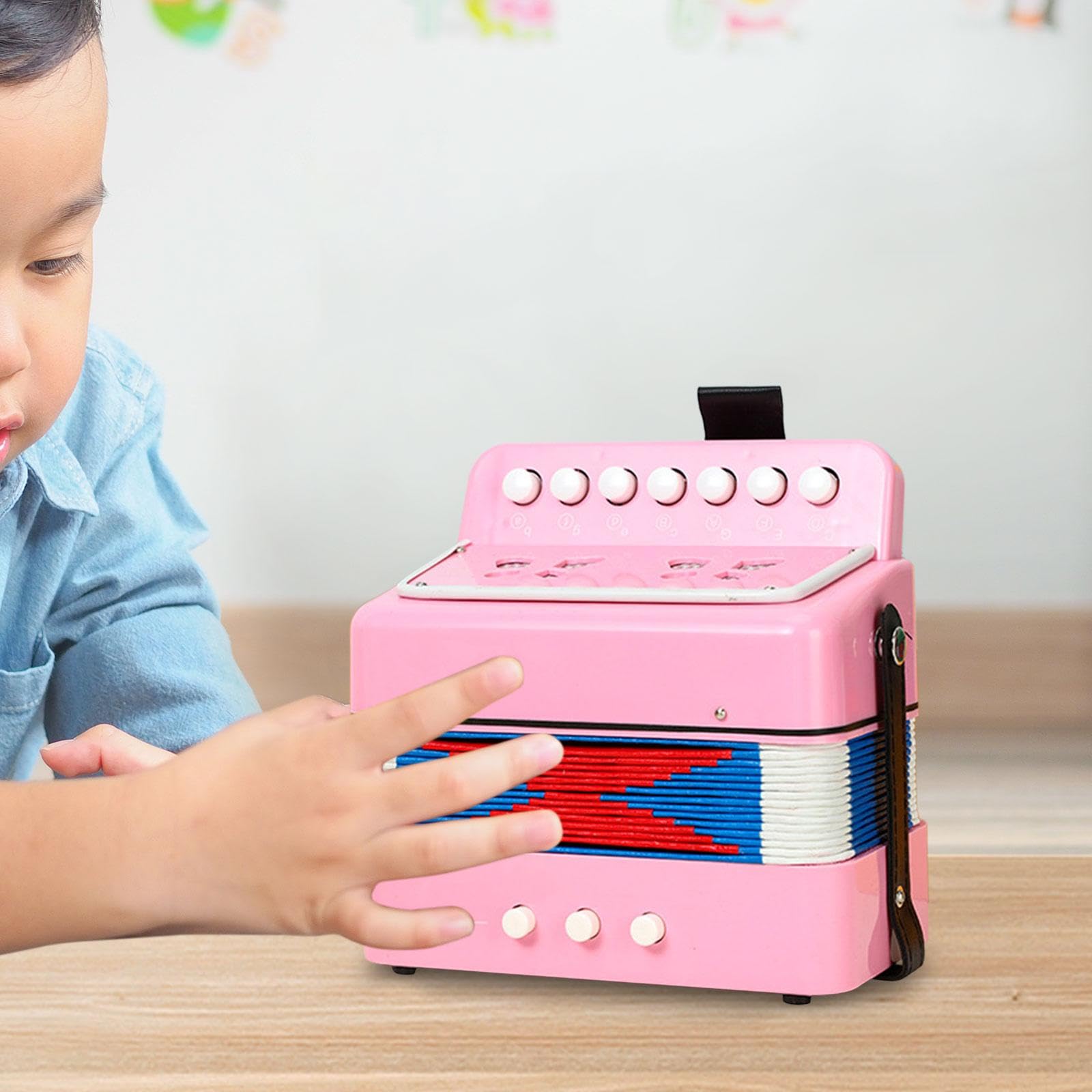 Oshhni Acordeón infantil de 7 teclas, instrumento musical ligero para entretenimiento musical, acordeón de juguete para niños, botón de 7 teclas para, Rosa