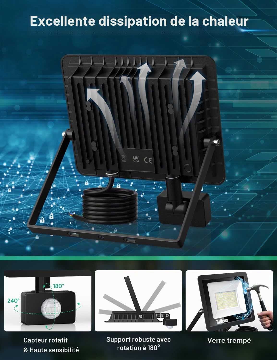 Tailcas 100W Projecteur LED avec détecteur de mouvement, IP66