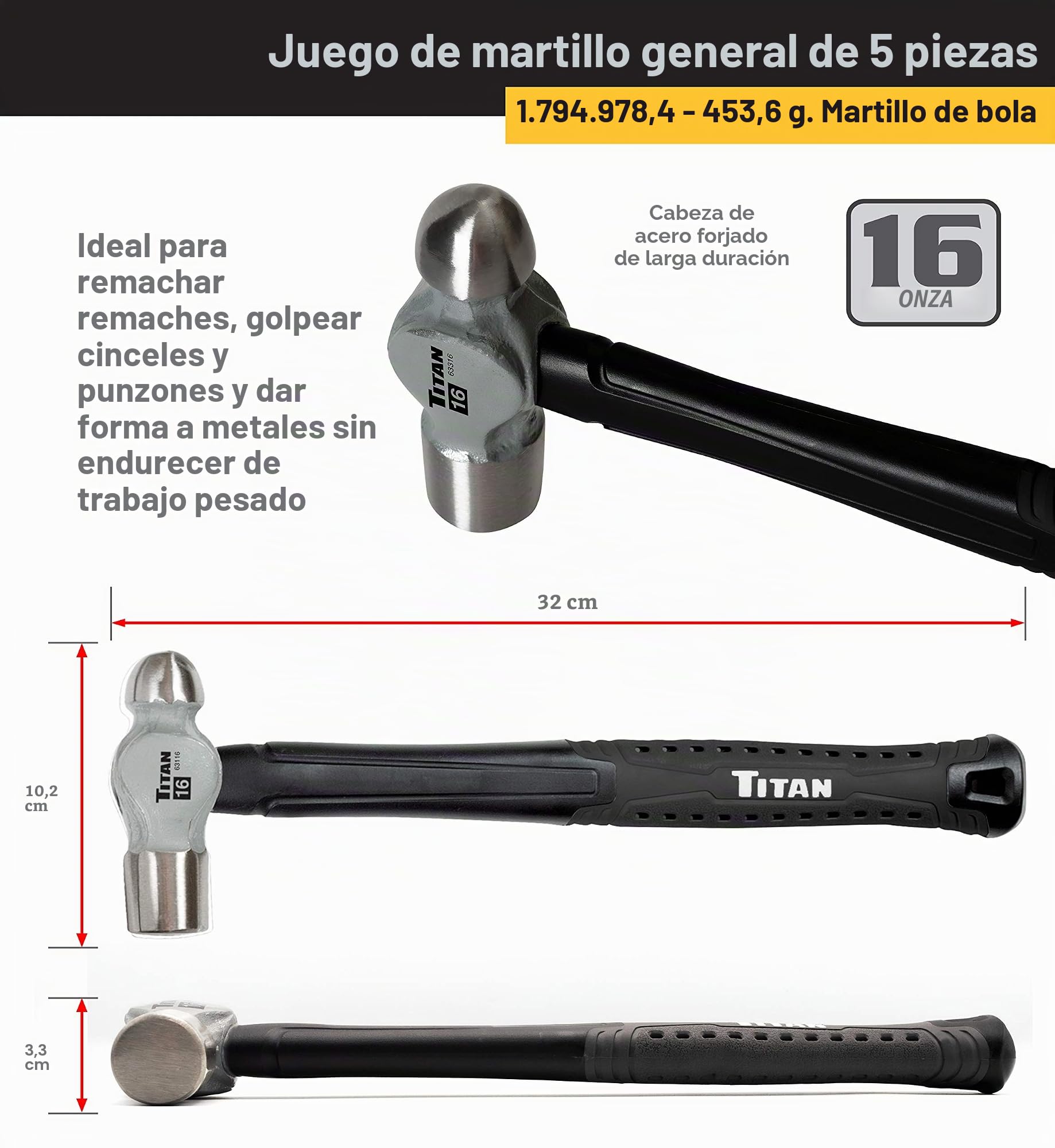 Titan 63125 - Juego de 5 martillos, martillo de bola de 453,59 g y 0,91 kg onzas, mazo de goma de 32 0,91 kg, Mazo de 1,36 kg y martillo de cabeza plana cruzada de 1,36 kg