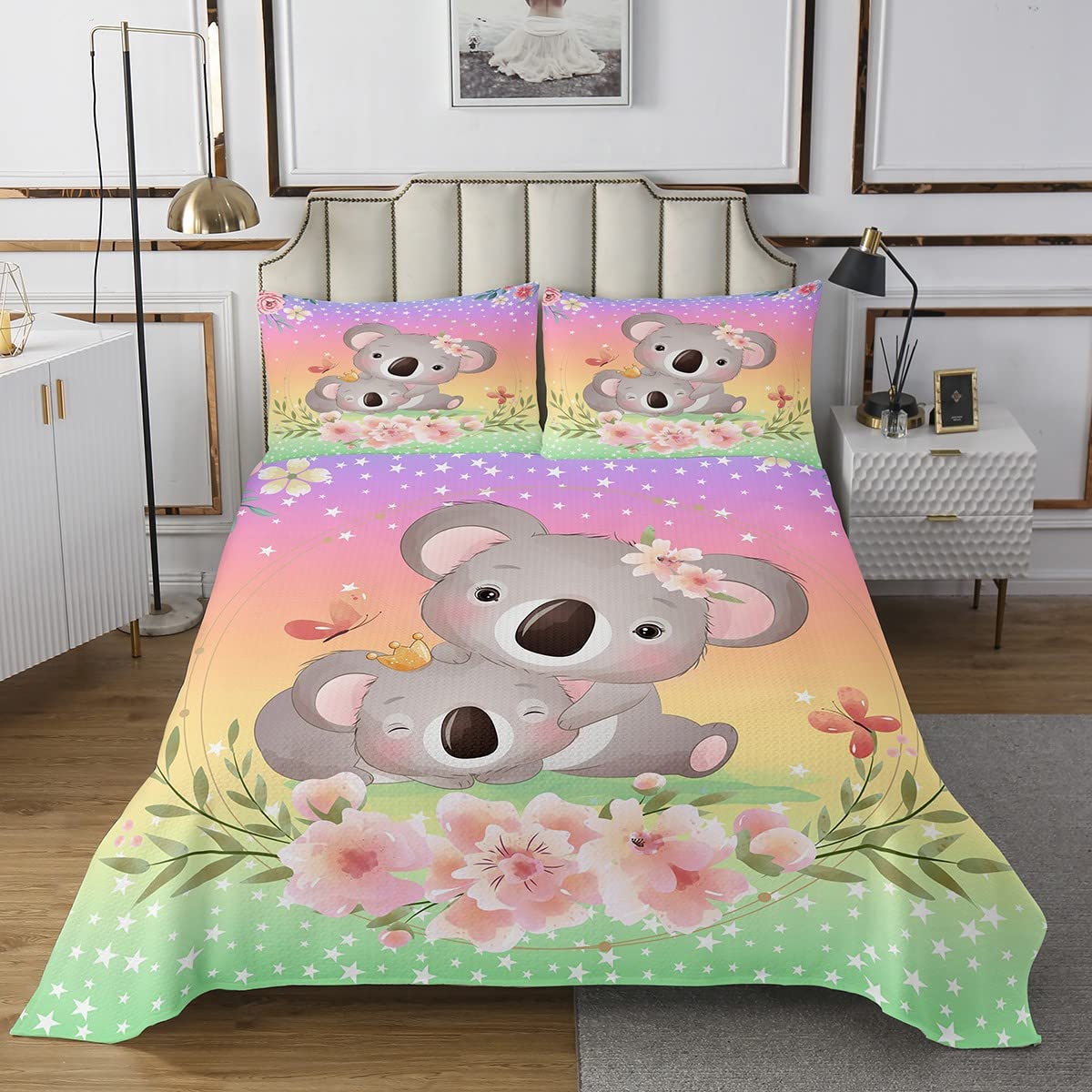 Homemissing Grazioso copriletto trapuntato Koala Cartoon Koala Set di copriletto per bambini e ragazze con fiori trapuntati con animali Kawaii trapuntati, 1 copriletto trapuntato per letto singolo