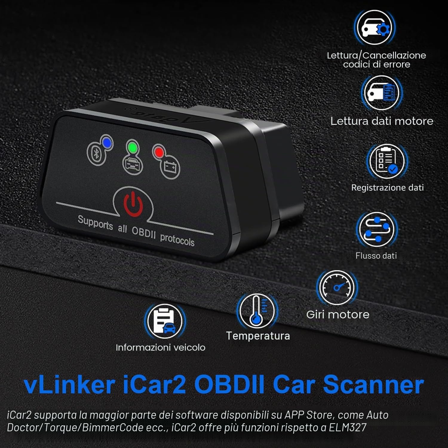 Vgate iCar2 Adattatore Bluetooth OBD2 Scanner diagnostico per iOS e Android: Strumento diagnostico Auto-Connect Clear Error Code Live Data Reset (Nero)