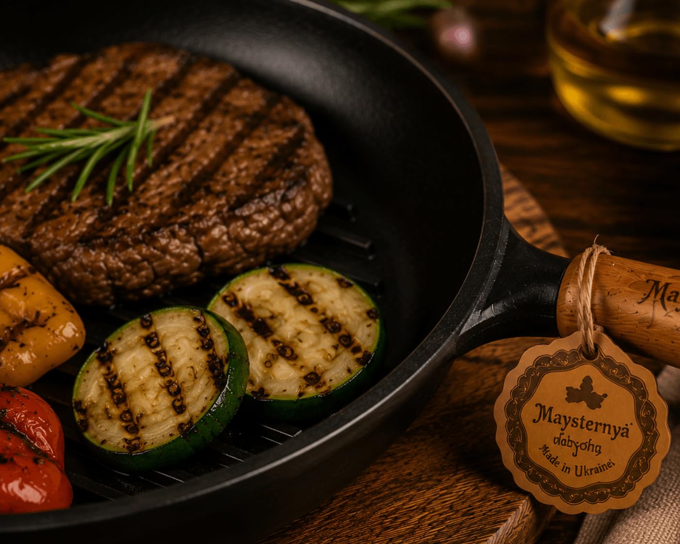 Sartén Grill de Hierro Fundido con Mango de Madera – Ø 24 x 4 cm – Compatible con Inducción – Sartén Universal para Parrilla y Fuego Abierto – Hierro Fundido Robusto – Sin PFAS – Negro