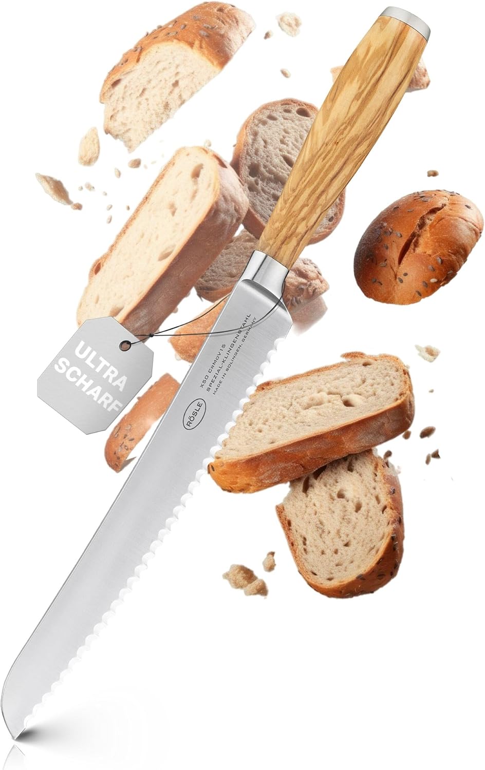 Rösle Artesano Forged Serrated Bread Knife with Olive Wood Handle, Double-Sided Serrated Edge, Precise and Straight Cut for Bread, Rolls, Baguettes, 8.5 in Blade