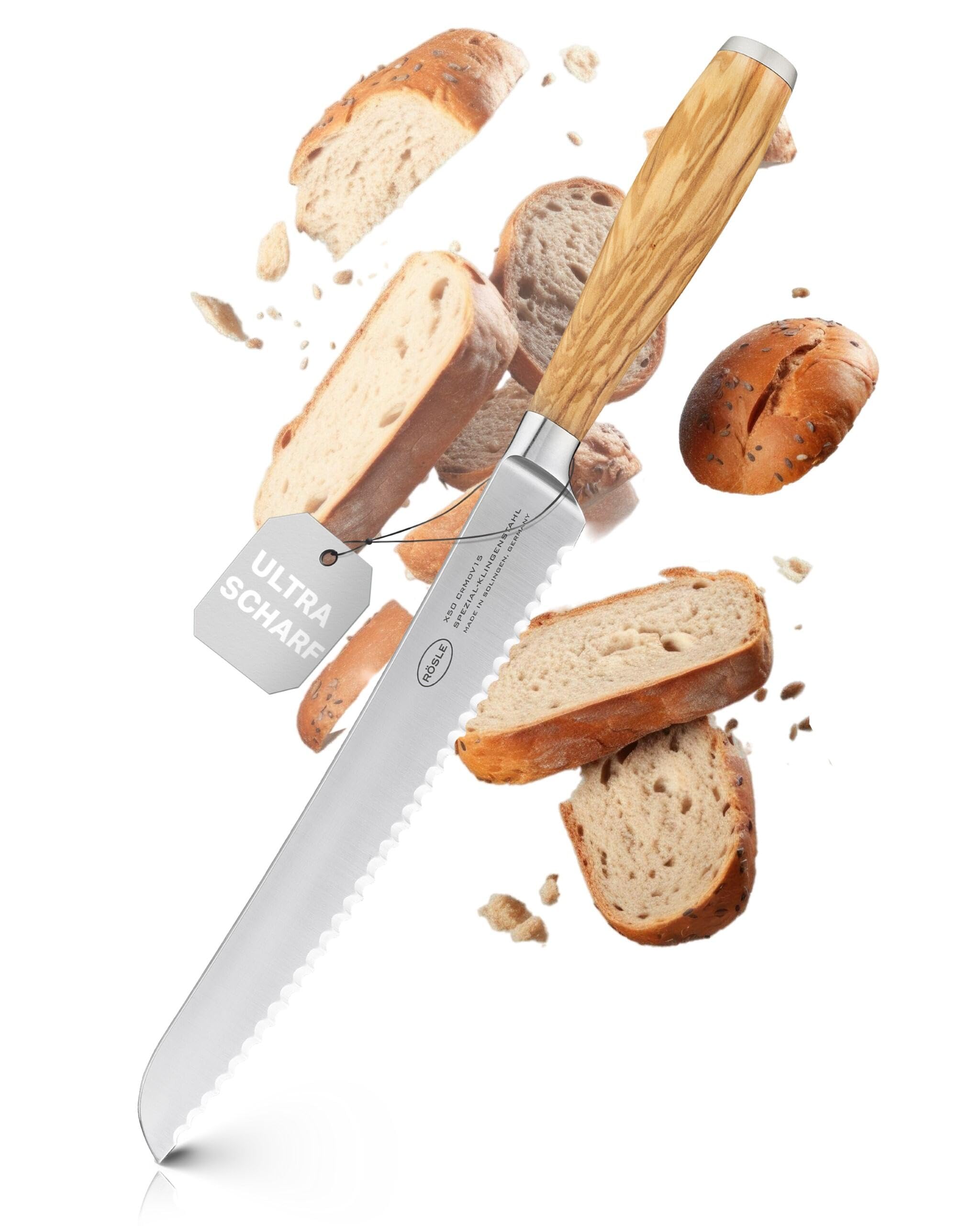 RÖSLE Nóż do chleba Artesano, wysokiej jakości nóż kuchenny do cięcia chleba, bułek i bagietek, Made in Solingen, ząbkowany, stal specjalna ostrza, drewno oliwkowe