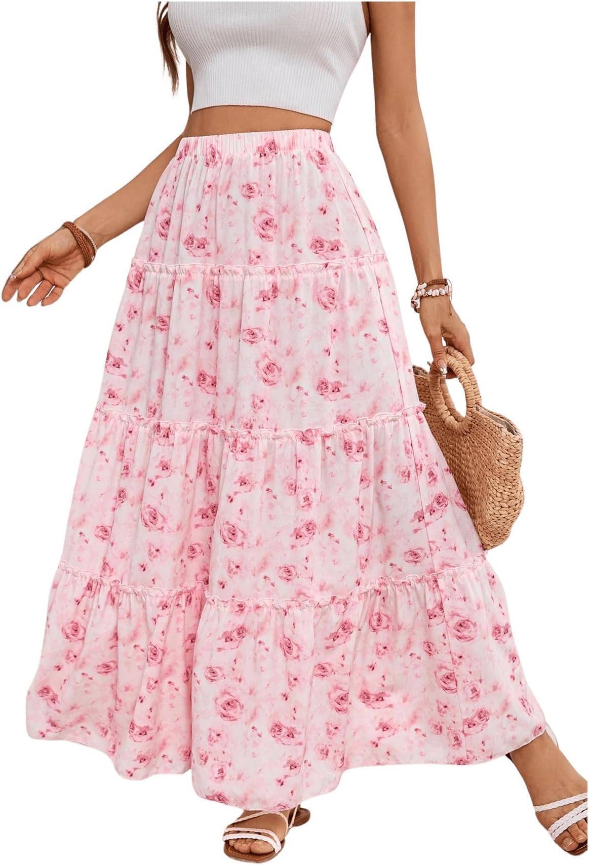 Verdusa Women's Floral Print Elastic High Waist Pleated Ruffle Flowy Long Skirts