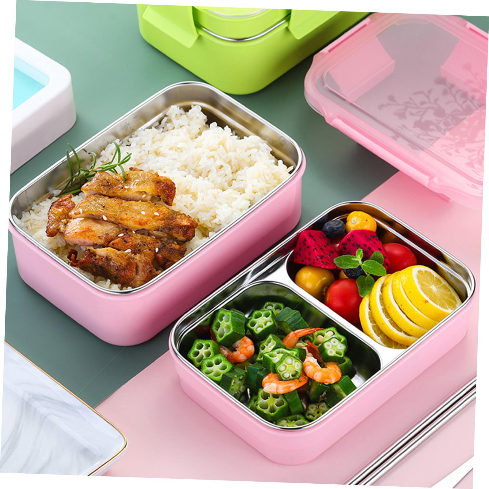Fiambrera Térmica de Acero Inoxidable Caja de Almuerzo Portátil de Doble con Compartimentos Incluye Cuchara y Palillos Bolsa Aislante Rosa para Oficina y Estudiantes