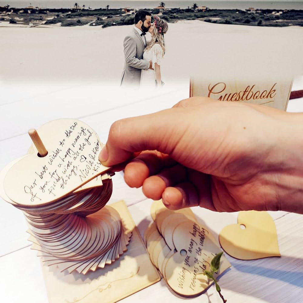 Colingmill Wooden Wedding Guest Book Alternative With 100 Wood Hearts Chips, Drop Box And Pen Eucalyptus Leaves Theme Heart Picture Frame Rustic Wedding Guest Book Decor For Reception Ceremony(Wood