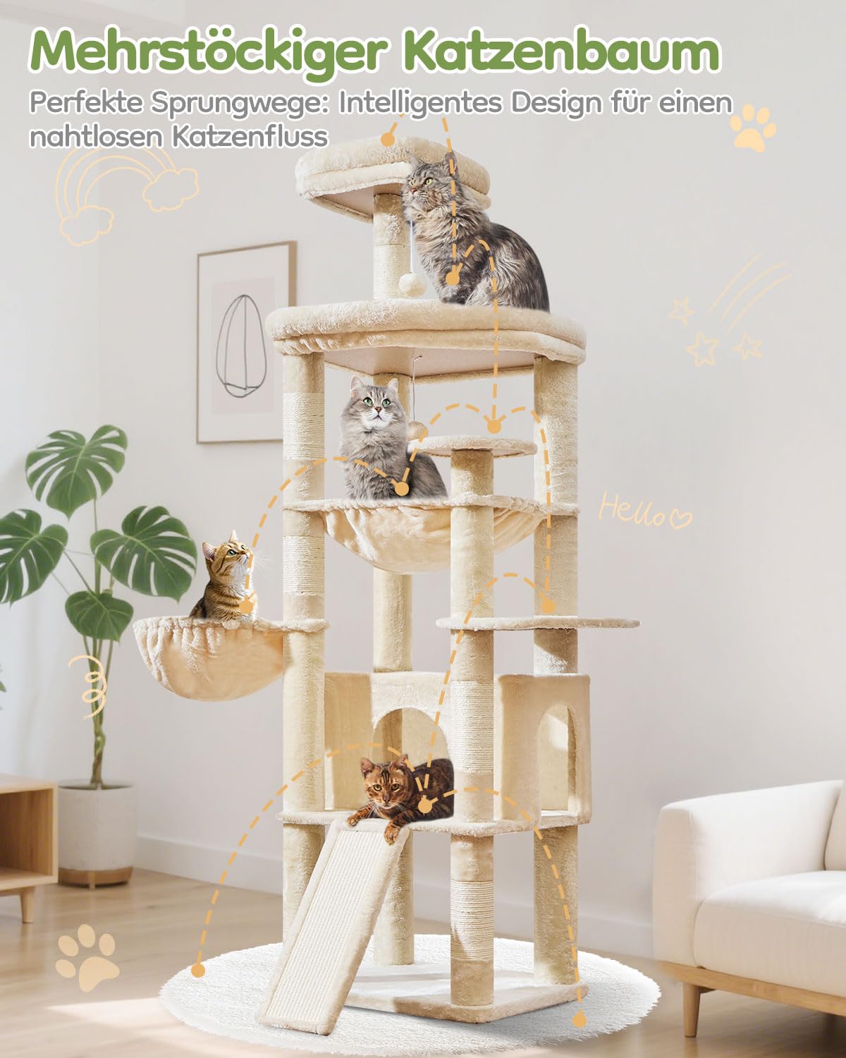 Taoqimiao 183cm Kratzbaum XXL, Großer Katzenbaum Für Große Katzen, MS045M | Stabil, Katzenkratztafel, Mehrstöckig, Einfache Montage, Große Plattform, Katzenhaus, Hängematte, 5 Kratzsäulen, Beige