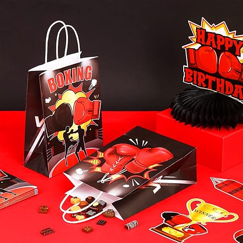 Miniatura 3 de JOYMEMO Paquete de 16 bolsas de boxeo para fiesta, color rojo y negro, bolsas de regalo temáticas de boxeo con asas para deportes, cumpleaños,