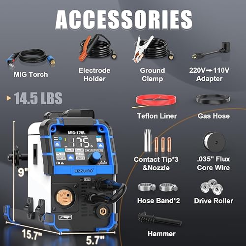 Miniatura 21 de AZZUNO Soldador MIG 110V/220V, 200A 8 en 1 Máquina de soldadura de núcleo de flujo MIG/Gas MIG/MAG/Aluminio MIG/Spot MIG/Spot MIG/Lift TIG/Stick