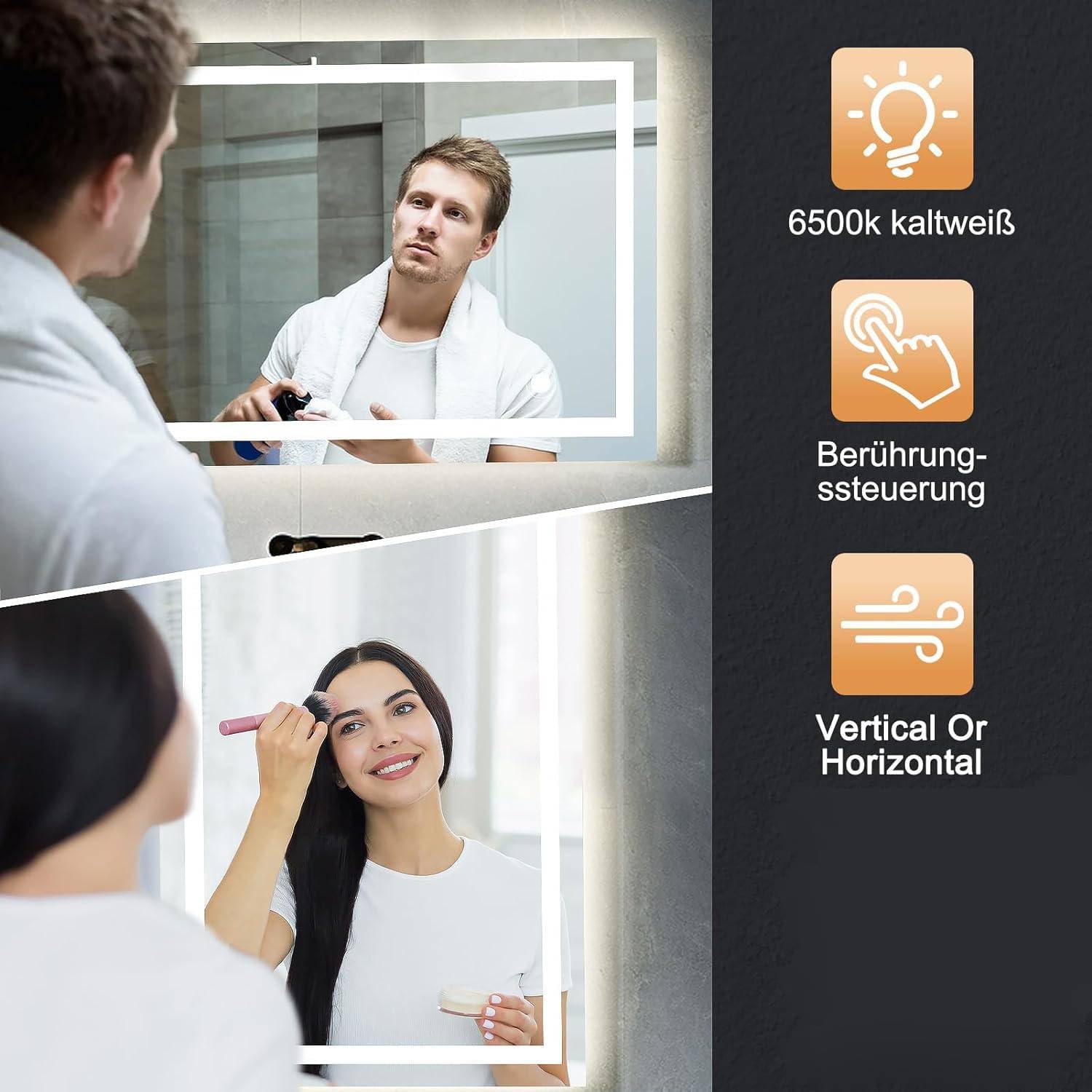 Trintion LED Badspiegel mit Beleuchtung Badezimmer Wandspiegel Badezimmerspiegel Anti-Beschlag mit Touch-Schalter Energiesparend Lichtspiegel (70x50cm Mit Touch-Schalter)