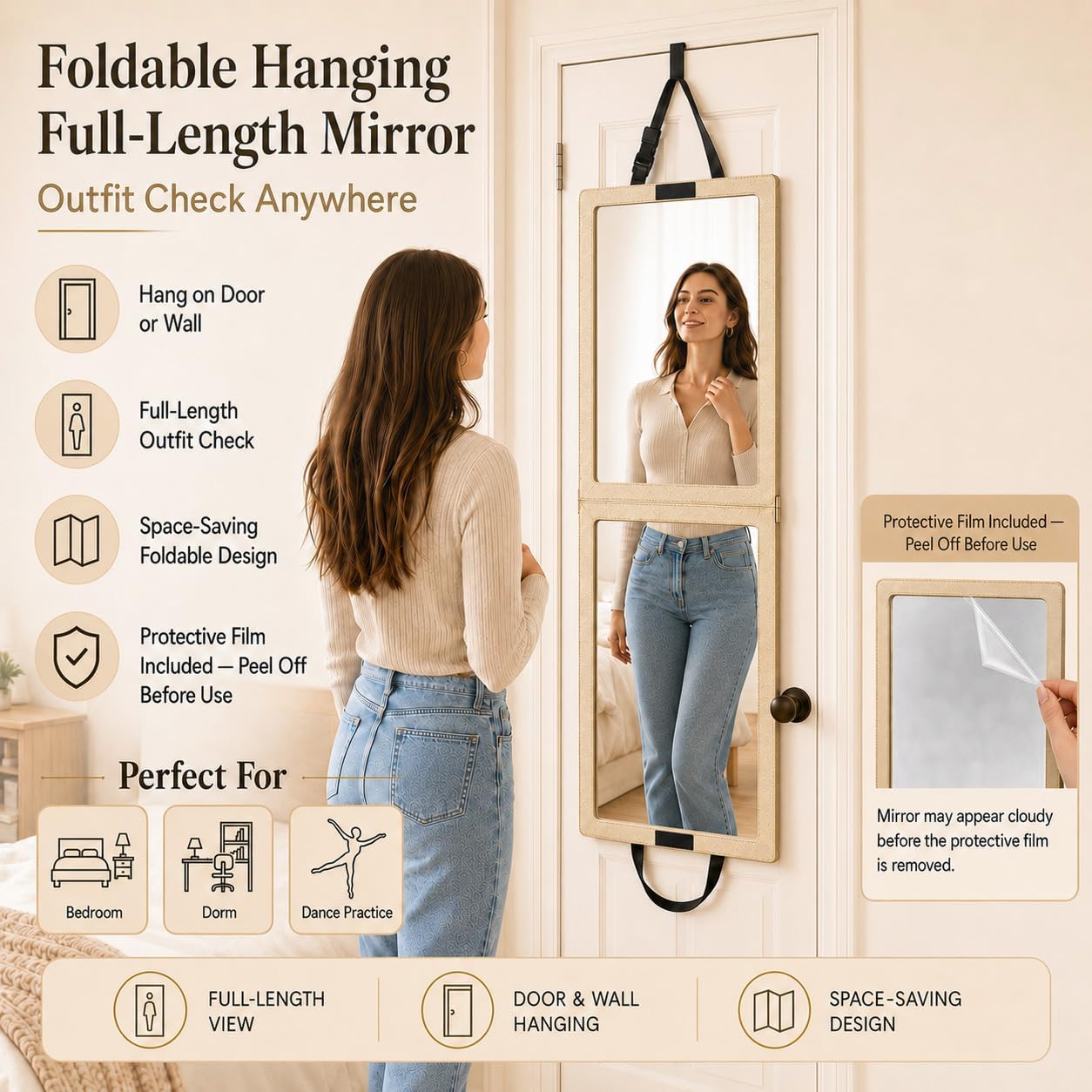 Foldable Portable Full Length Dance Mirror, 32x13 in, Champagne Gold. Portable Two-Panel Design with Textured PU Cover for Hanging or Tabletop use at Dance venues, Backstage, Campsites, and RV image 2